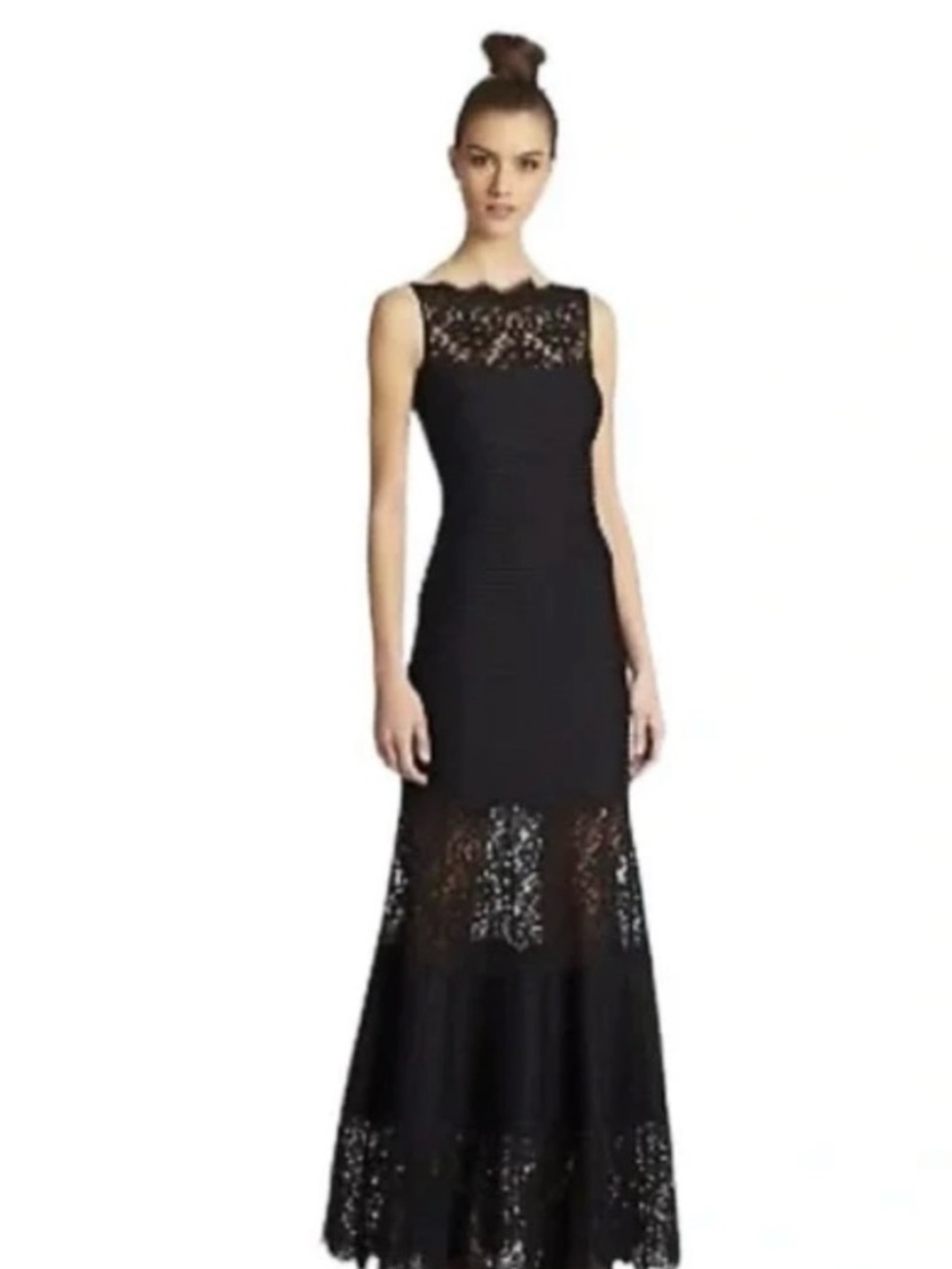 Tadashi Shoji Black Lace Pintuck Mermaid Maxi Dress